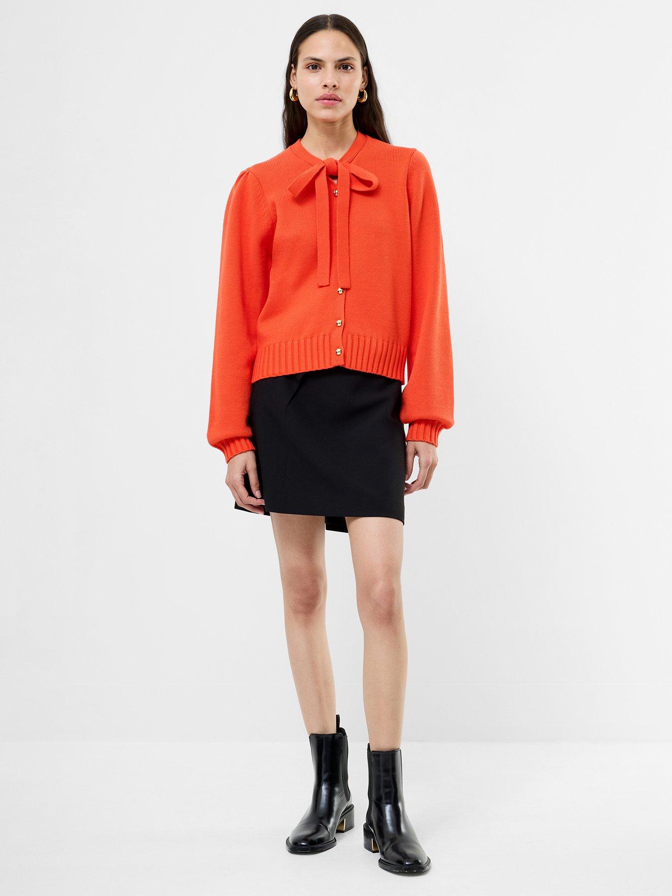 Image 3 of 4 of French Connection Knit Long Balloon Sleeve Bow-Tie Neck Button-Up Cardigan - Orange