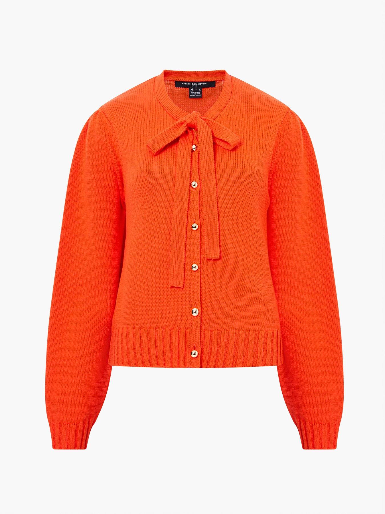 Image 4 of 4 of French Connection Knit Long Balloon Sleeve Bow-Tie Neck Button-Up Cardigan - Orange