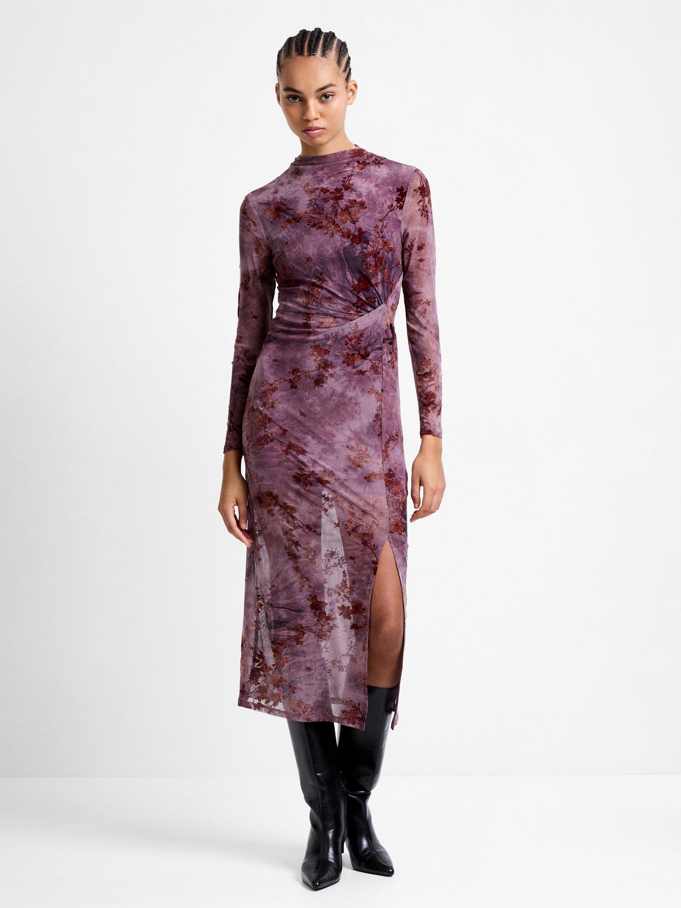 French Connection Slim Fit Mesh Long Sleeve Dress - Multi