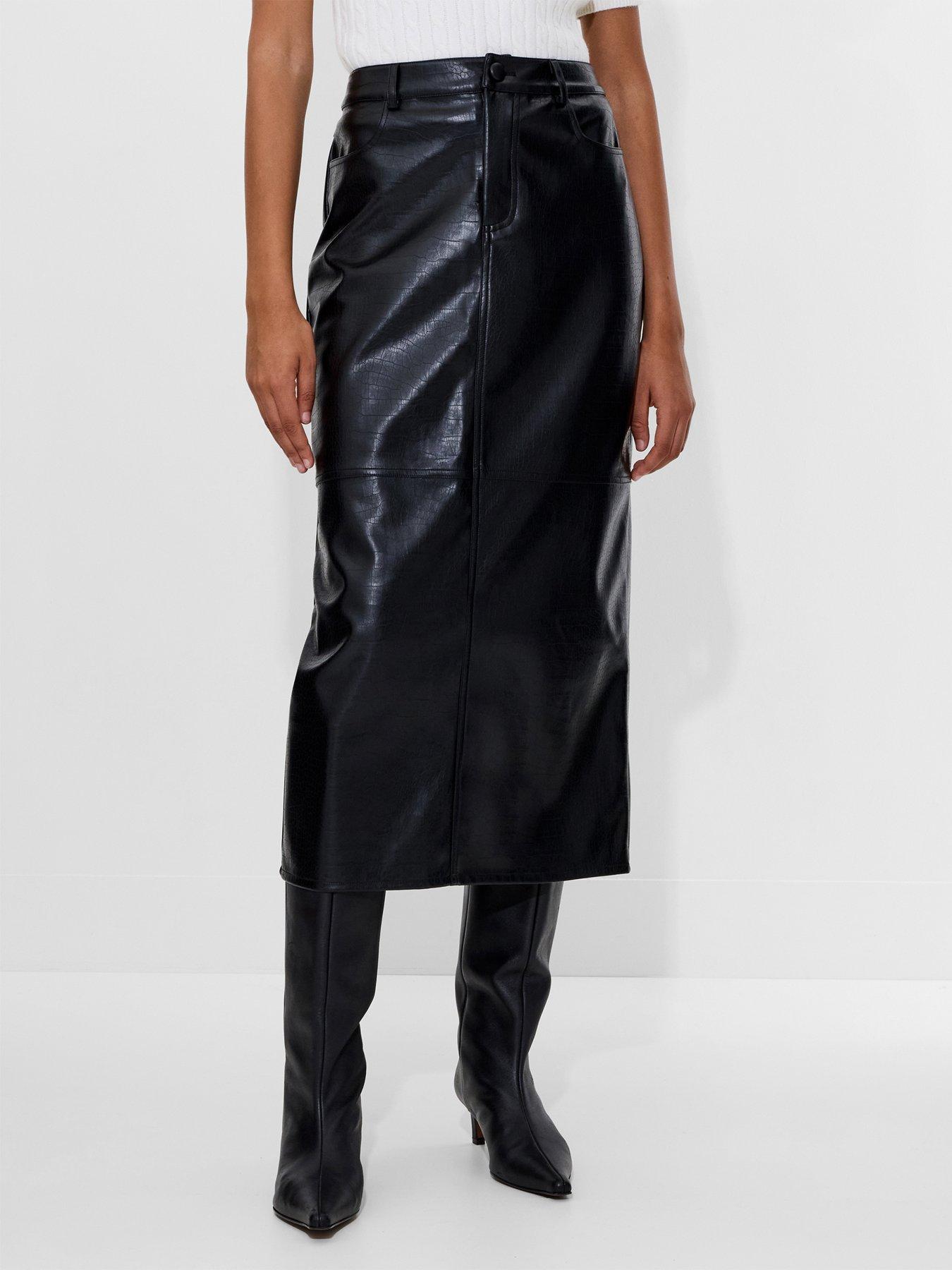 French Connection Leather Look Midi Skirt - Black