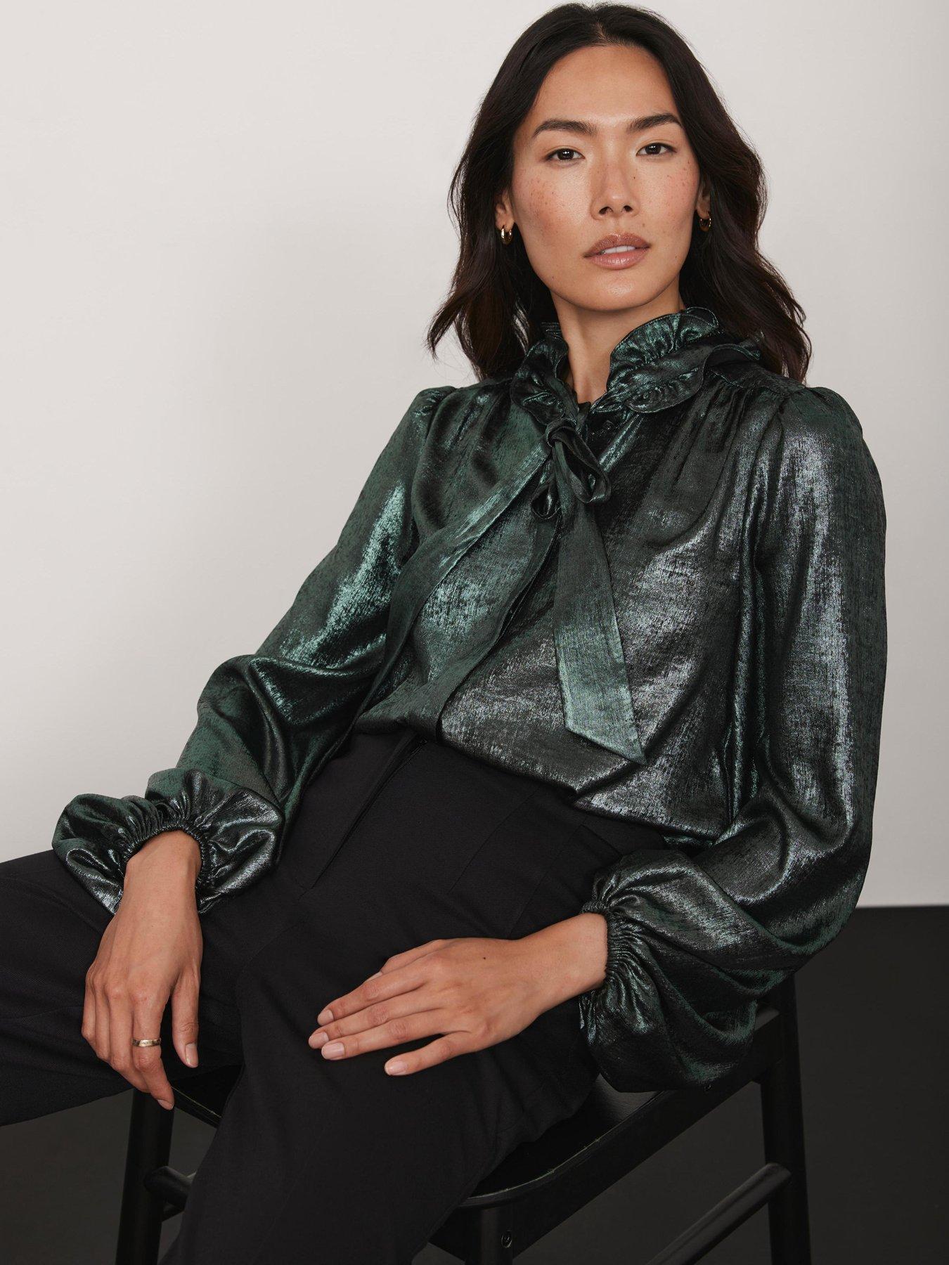 undefined Green Metallic Bow Neck Blouse
