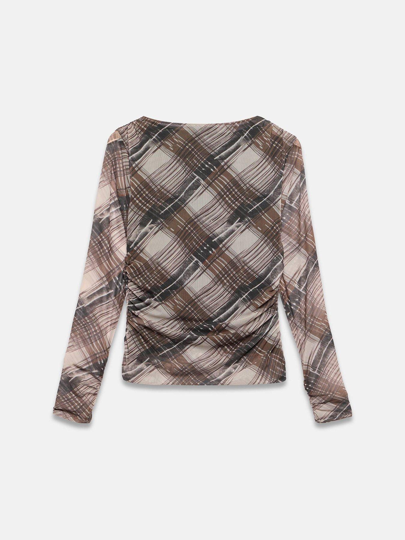 Image 6 of 6 of Mint Velvet Check Print Mesh Top - Brown