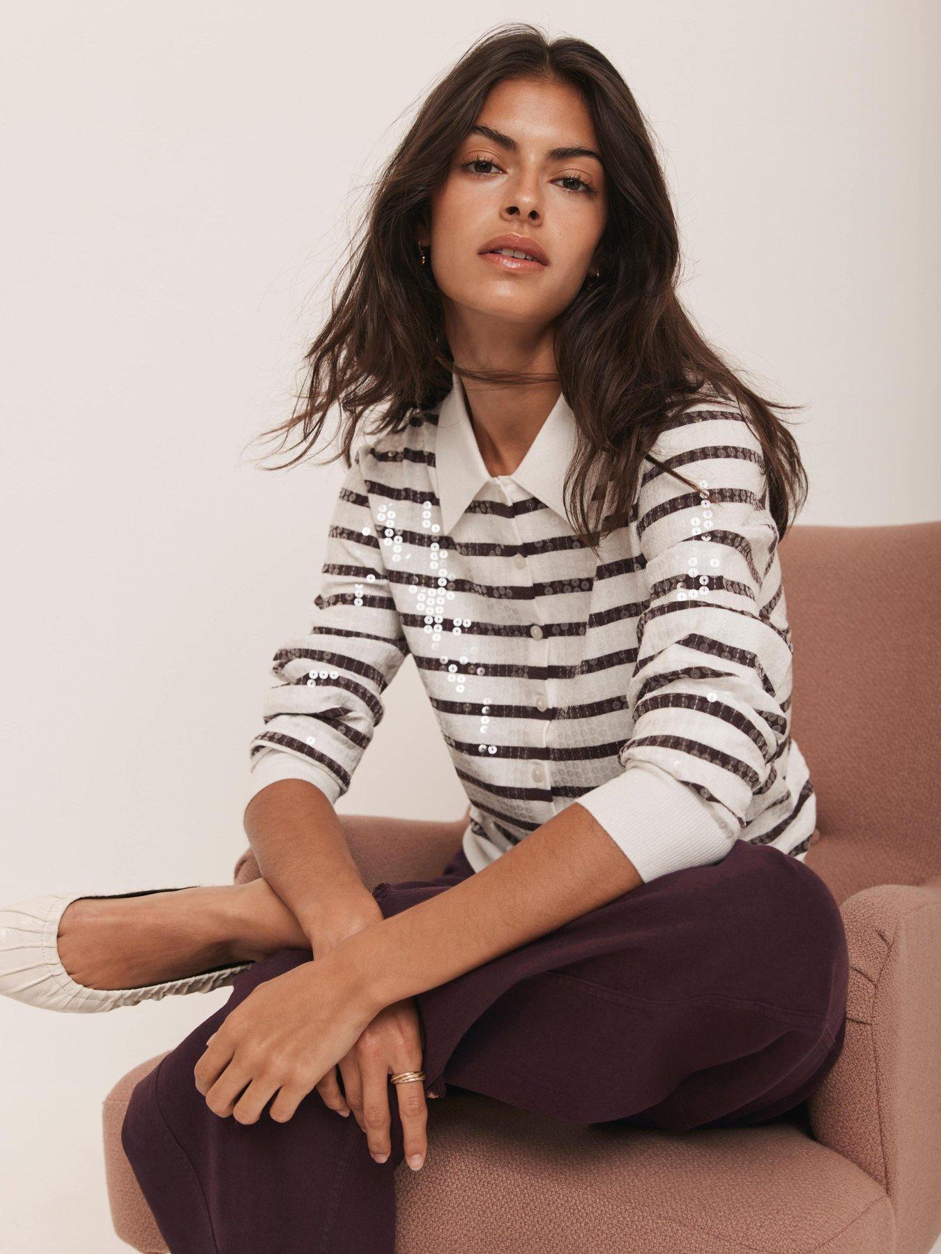 Image 1 of 6 of Mint Velvet Sequin Cardigan - Burgundy Stripe