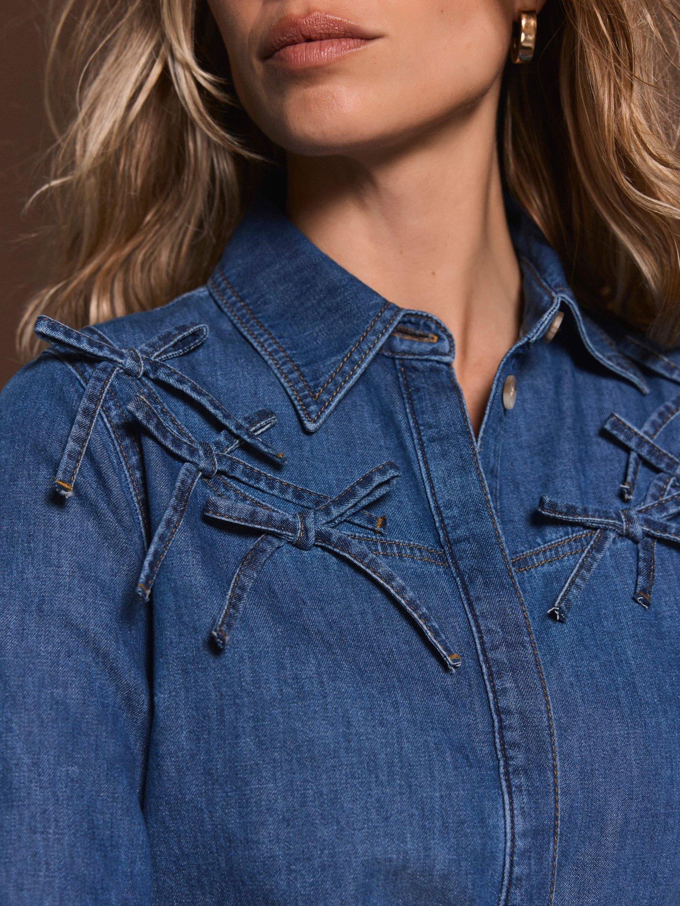 Image 3 of 6 of Mint Velvet Indigo Bow Detail Denim Shirt - Blue