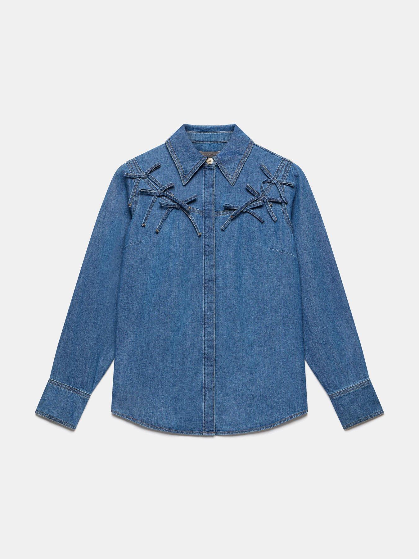 Image 5 of 6 of Mint Velvet Indigo Bow Detail Denim Shirt - Blue