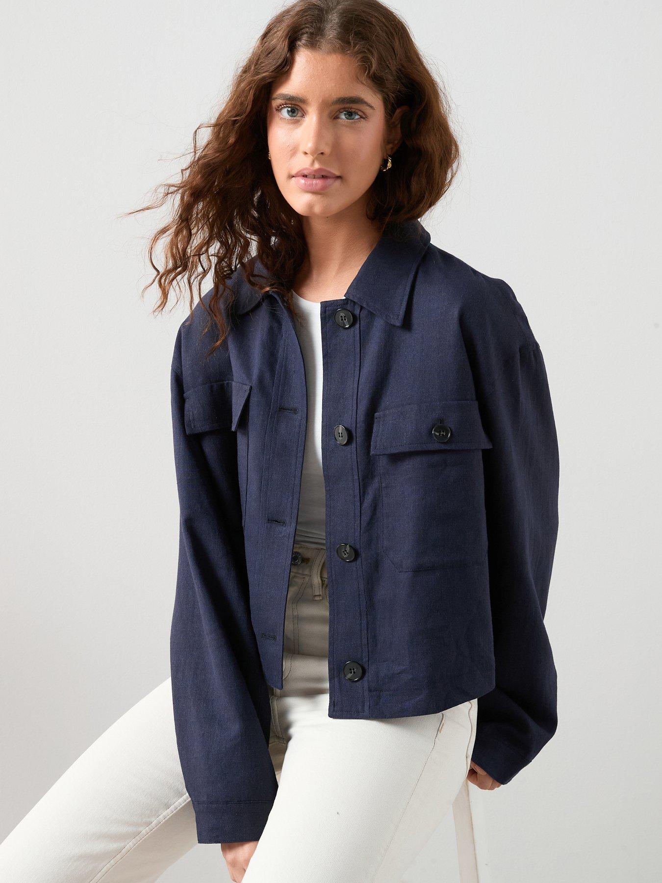 The Very Collection Linen Blend Utility Jacket with Contrast Lining - Navy