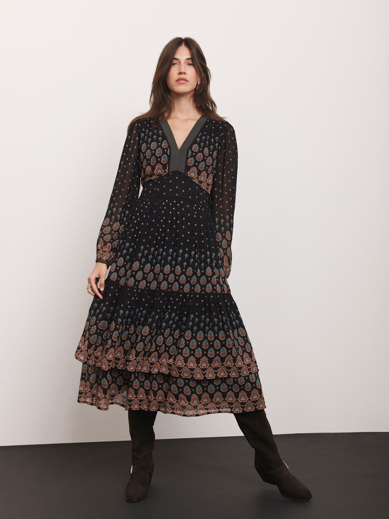 Image 3 of 6 of Mint Velvet Placement Print Tiered Dress - Black