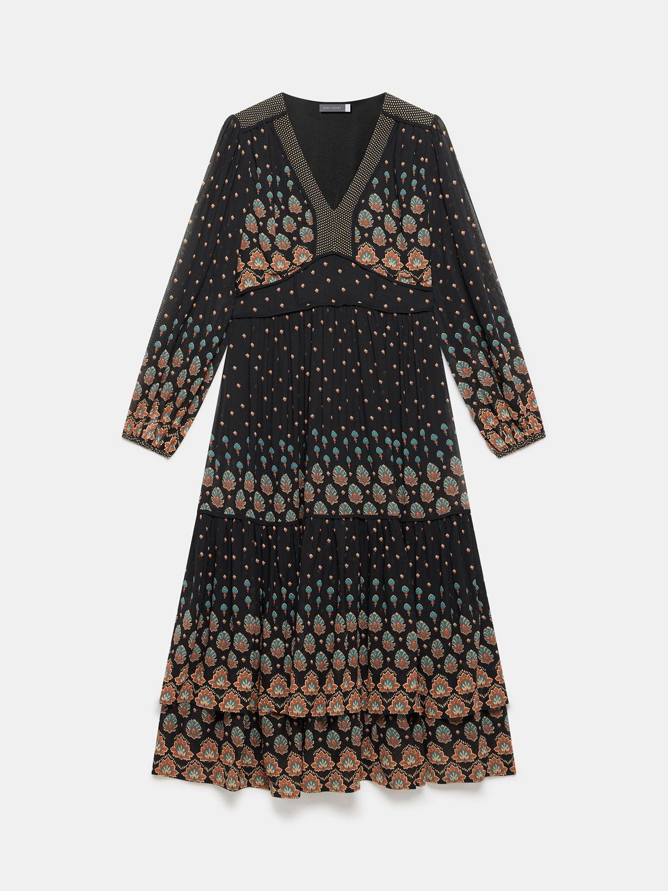 Image 5 of 6 of Mint Velvet Placement Print Tiered Dress - Black