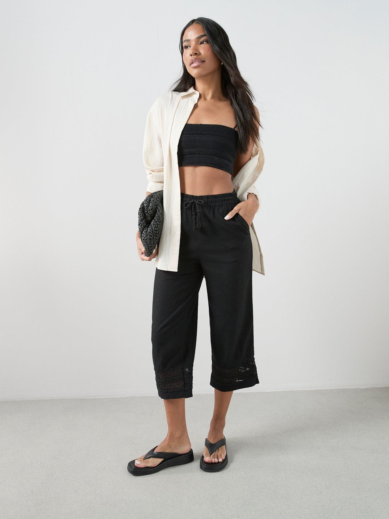 The Very Collection Linen Blend Crochet Detail Trouser - Black