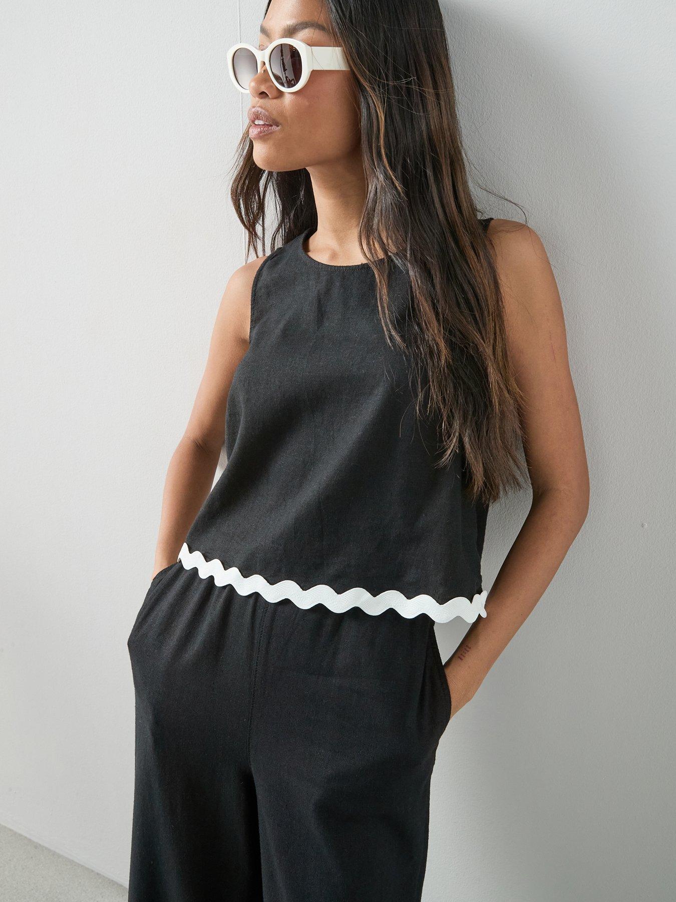 The Very Collection Linen Blend Rik Rak Top Co-ord - Black | Littlewoods