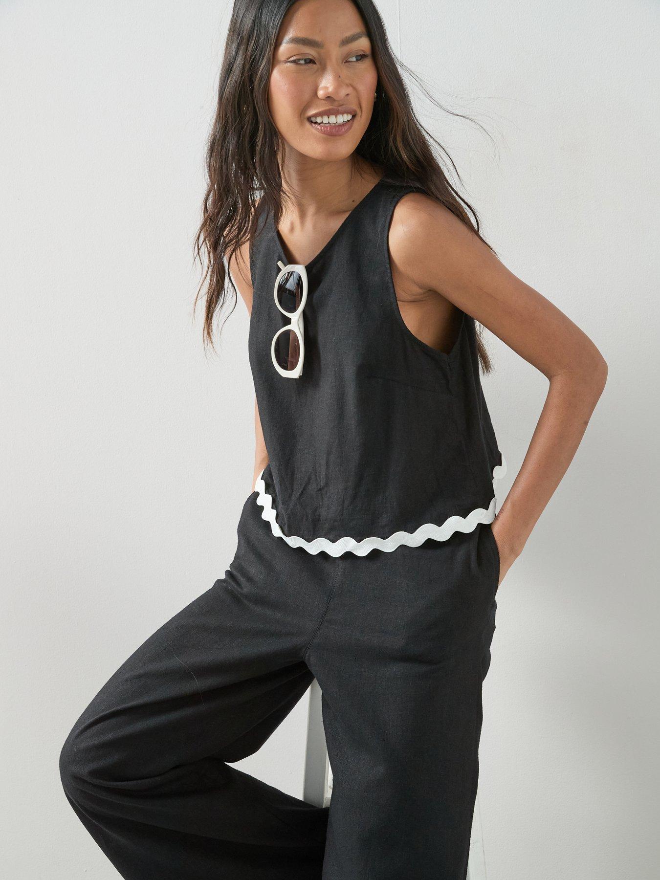 The Very Collection Linen Blend Rik Rak Top Co-ord - Black | Littlewoods