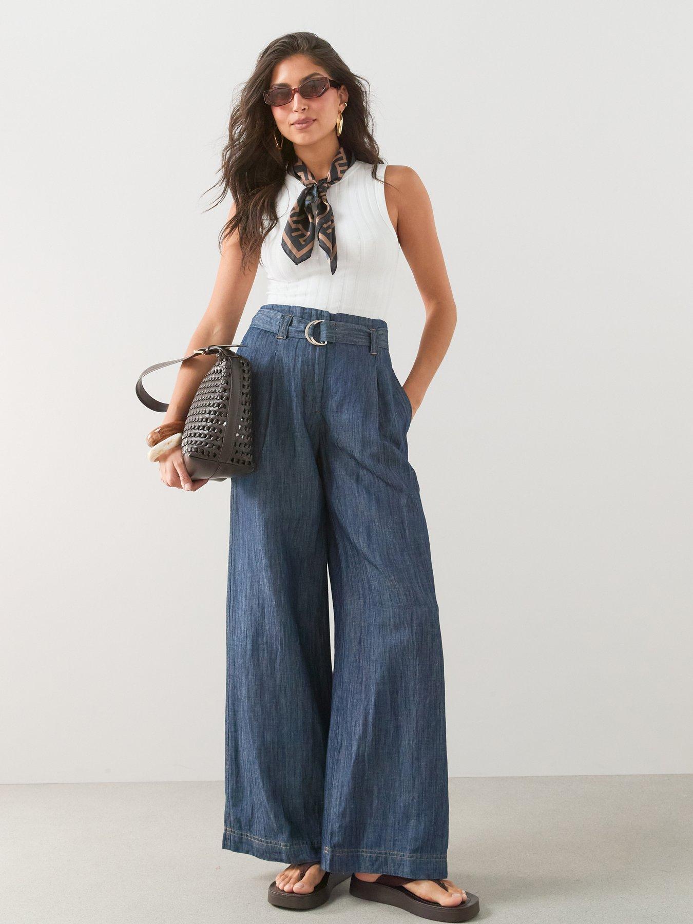 The Very Collection Indigo Linen Blend Belted Wide Leg Trouser