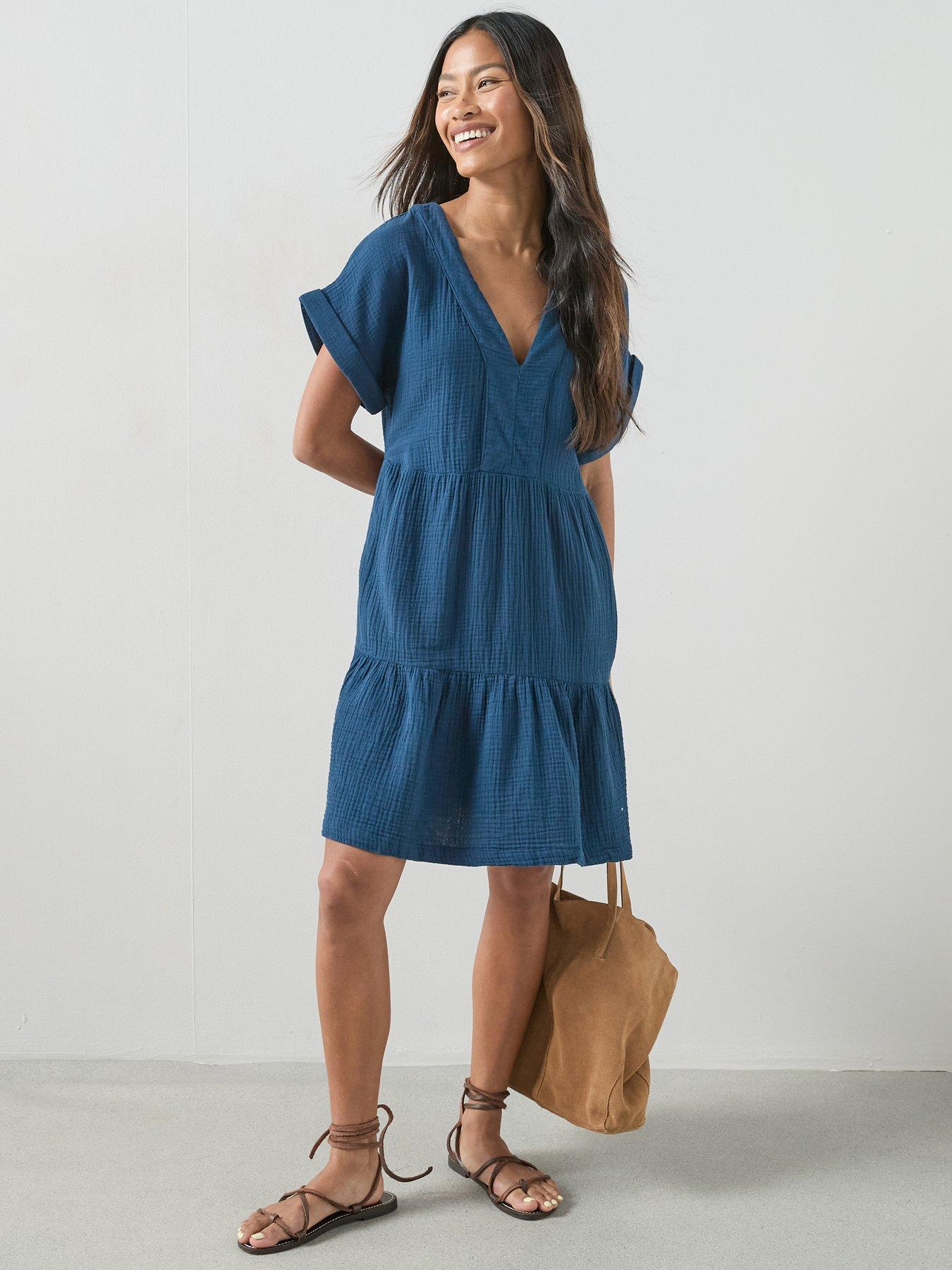 The Very Collection Crinkle Washed Tiered Indigo Mini Dress - Blue