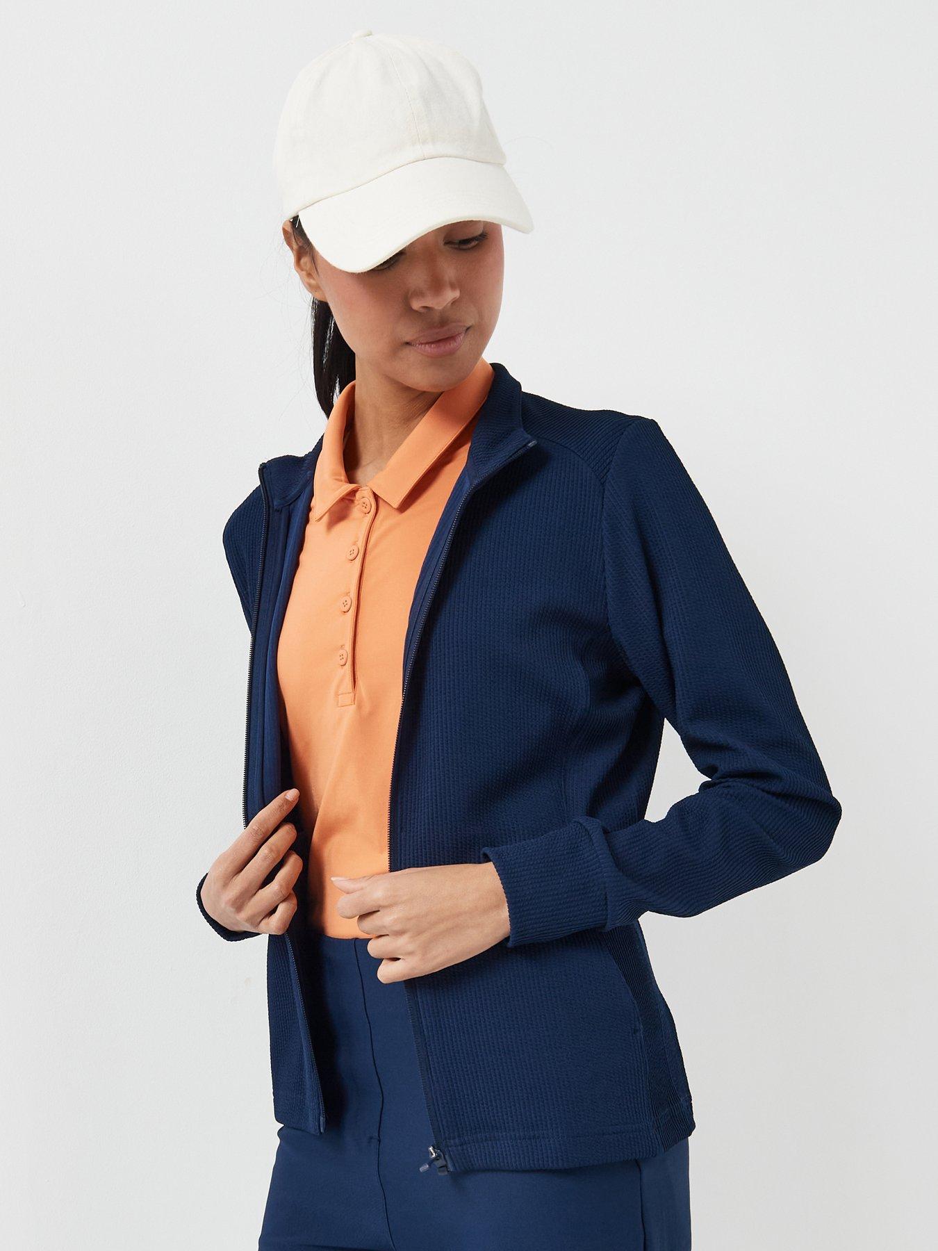 front image of adidas-womens-golf-full-zip-jacket-navy