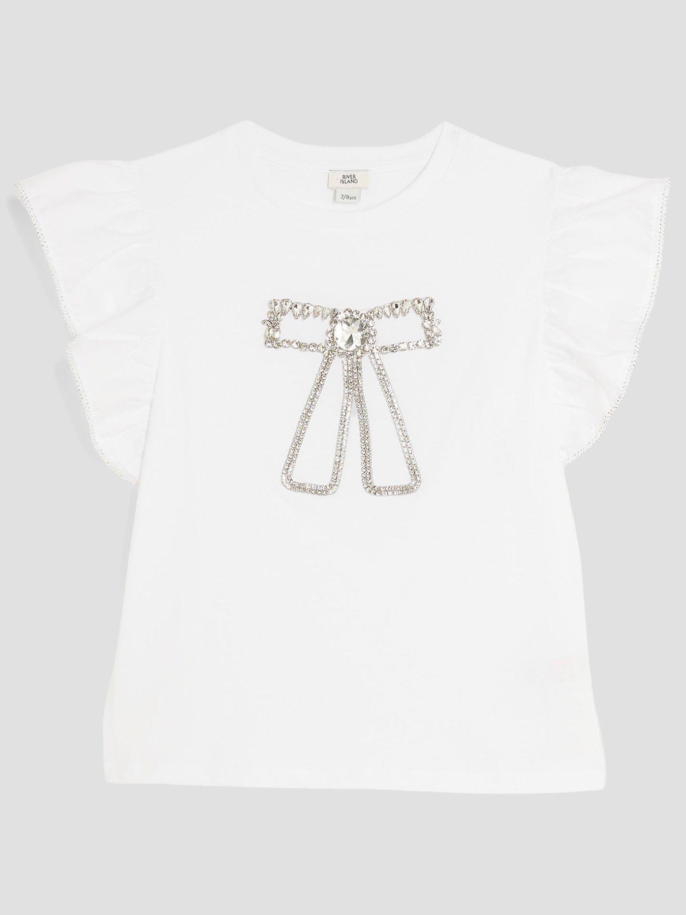 Image 1 of 4 of River Island Older Girls Frill Bow T-Shirt - White