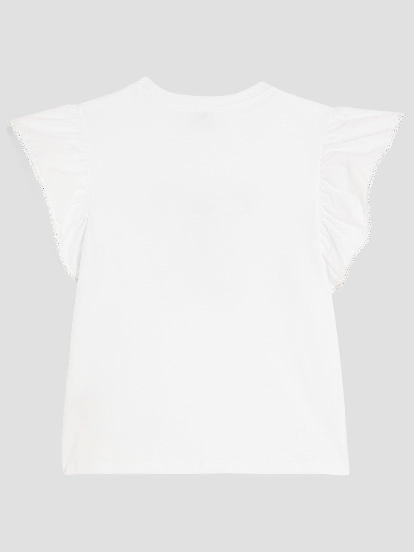 Image 2 of 4 of River Island Older Girls Frill Bow T-Shirt - White