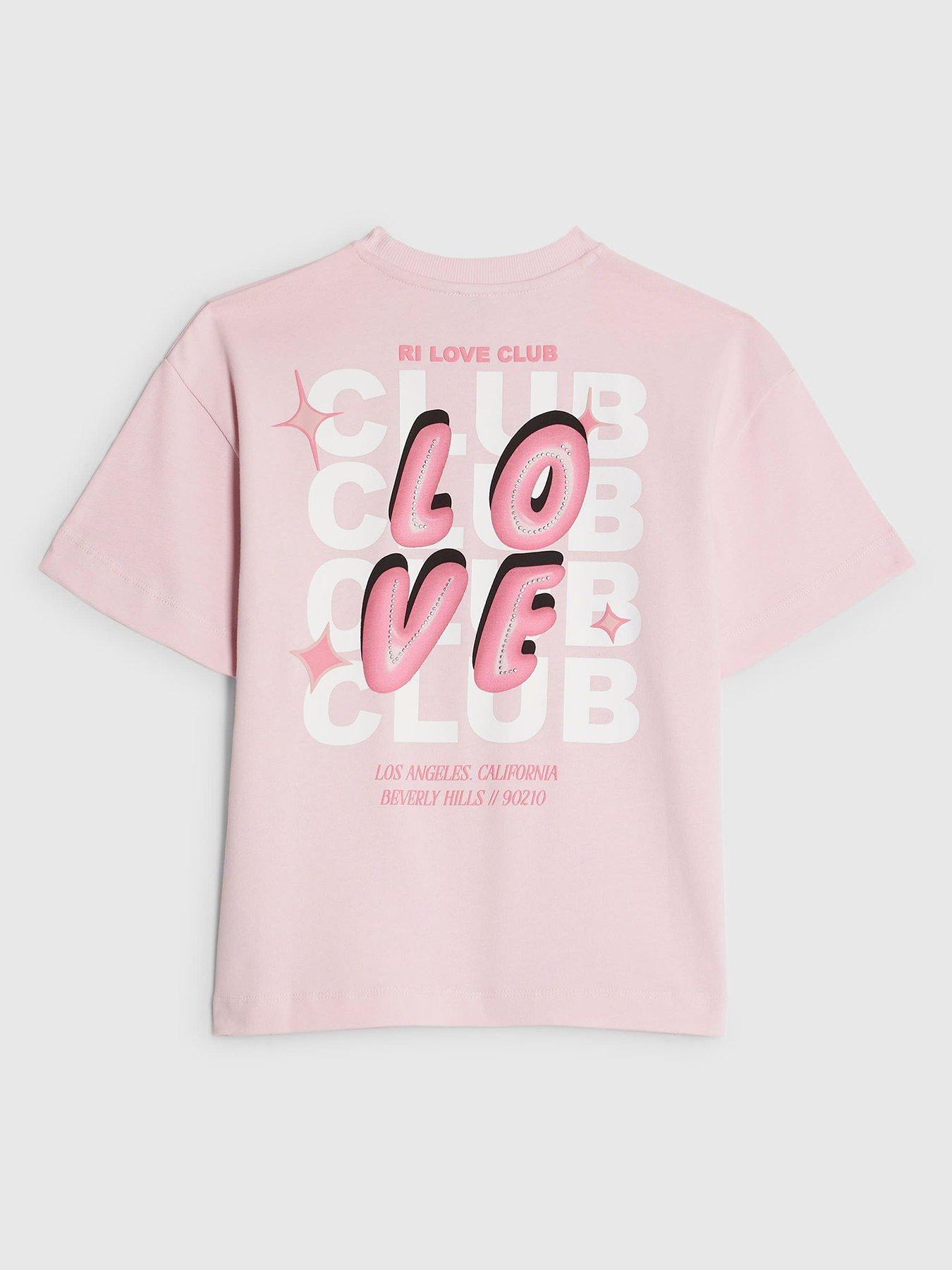 River Island Older Girls Love Club Back Print T-Shirt - Pink