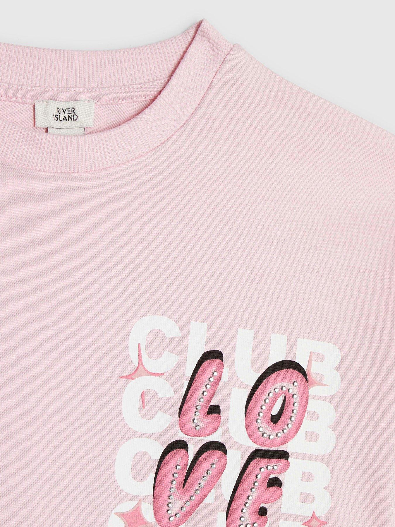  image of river-island-older-girls-love-club-back-print-t-shirt-pink