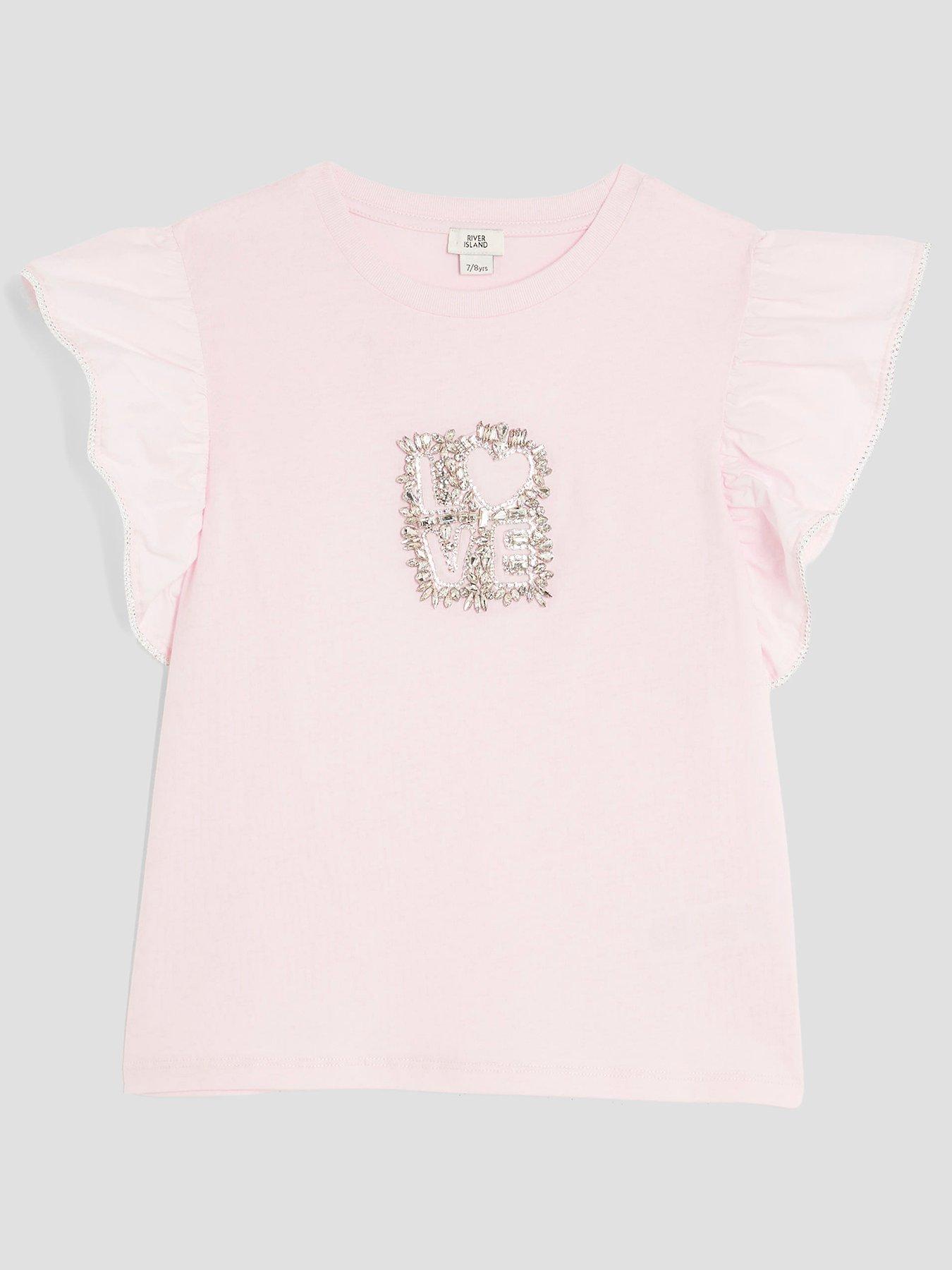 undefined Older Girls Frill Love T-Shirt - Light Pink