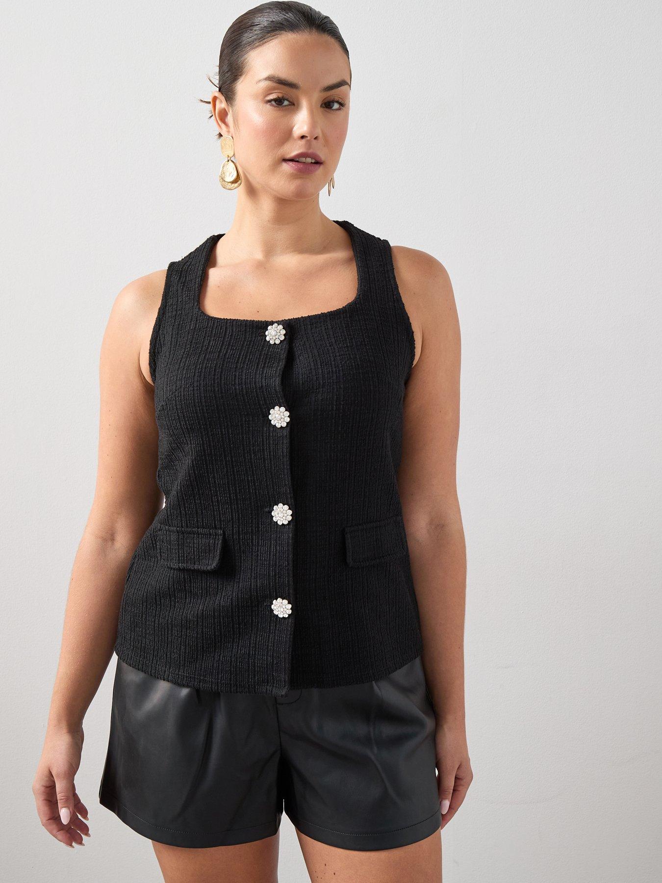 The Very Collection Curve Diamante Button Waistcoat - Black