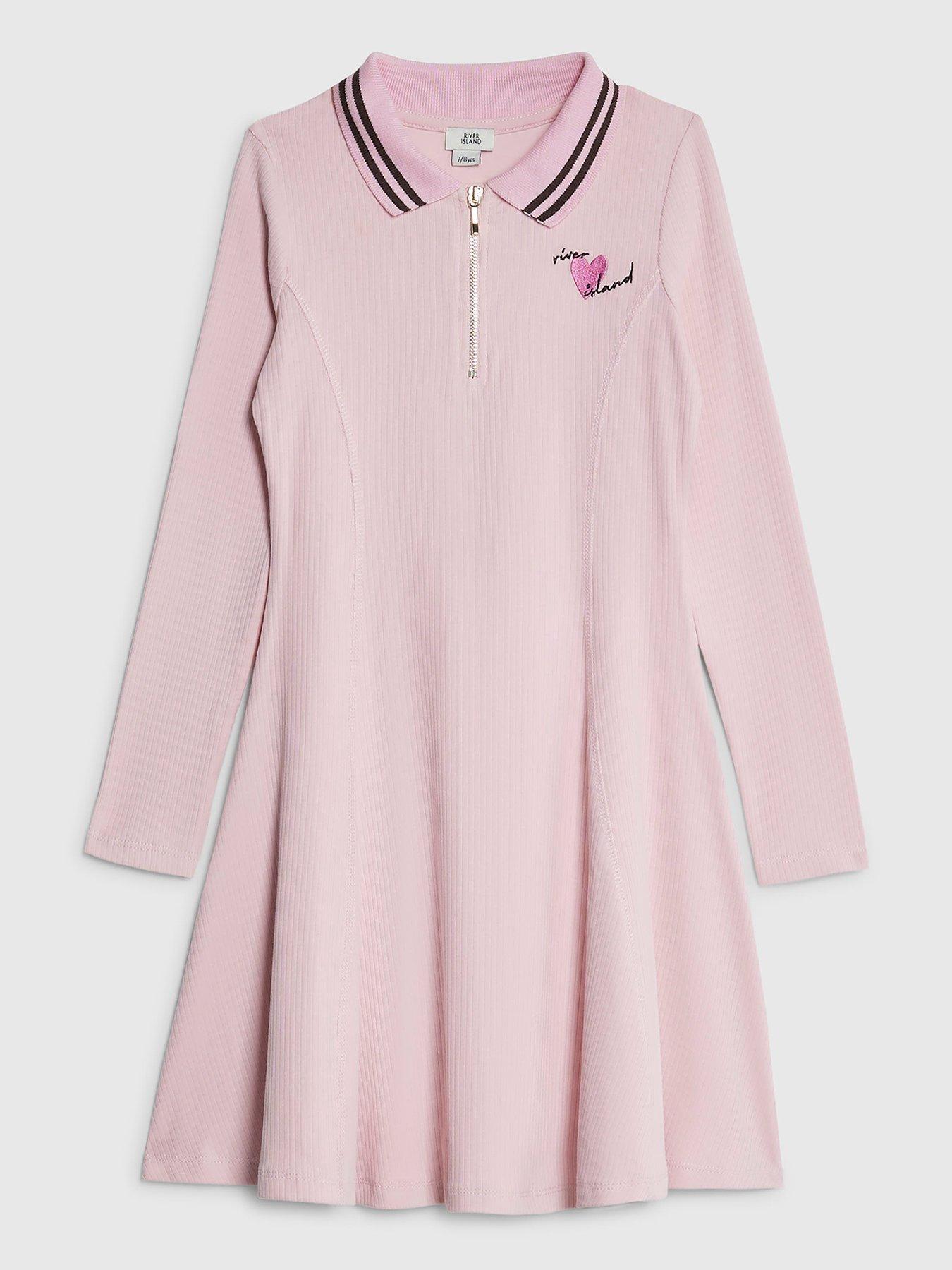 River Island Older Girls Long Sleeved Ribbed Zip Polo Dress - Pink