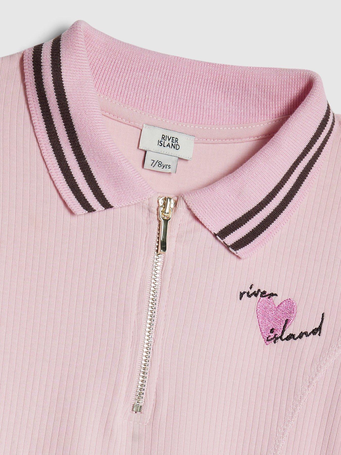 Image 3 of 4 of River Island Older Girls Long Sleeved Ribbed Zip Polo Dress - Pink