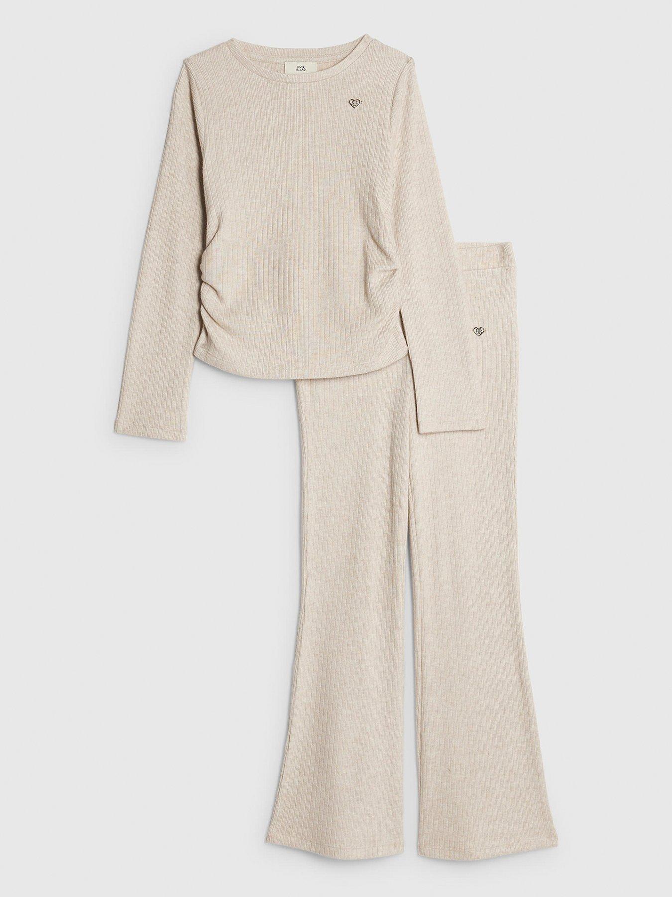 Image 1 of 5 of River Island Older Girls Ruched Long Sleeve Top Set - Beige