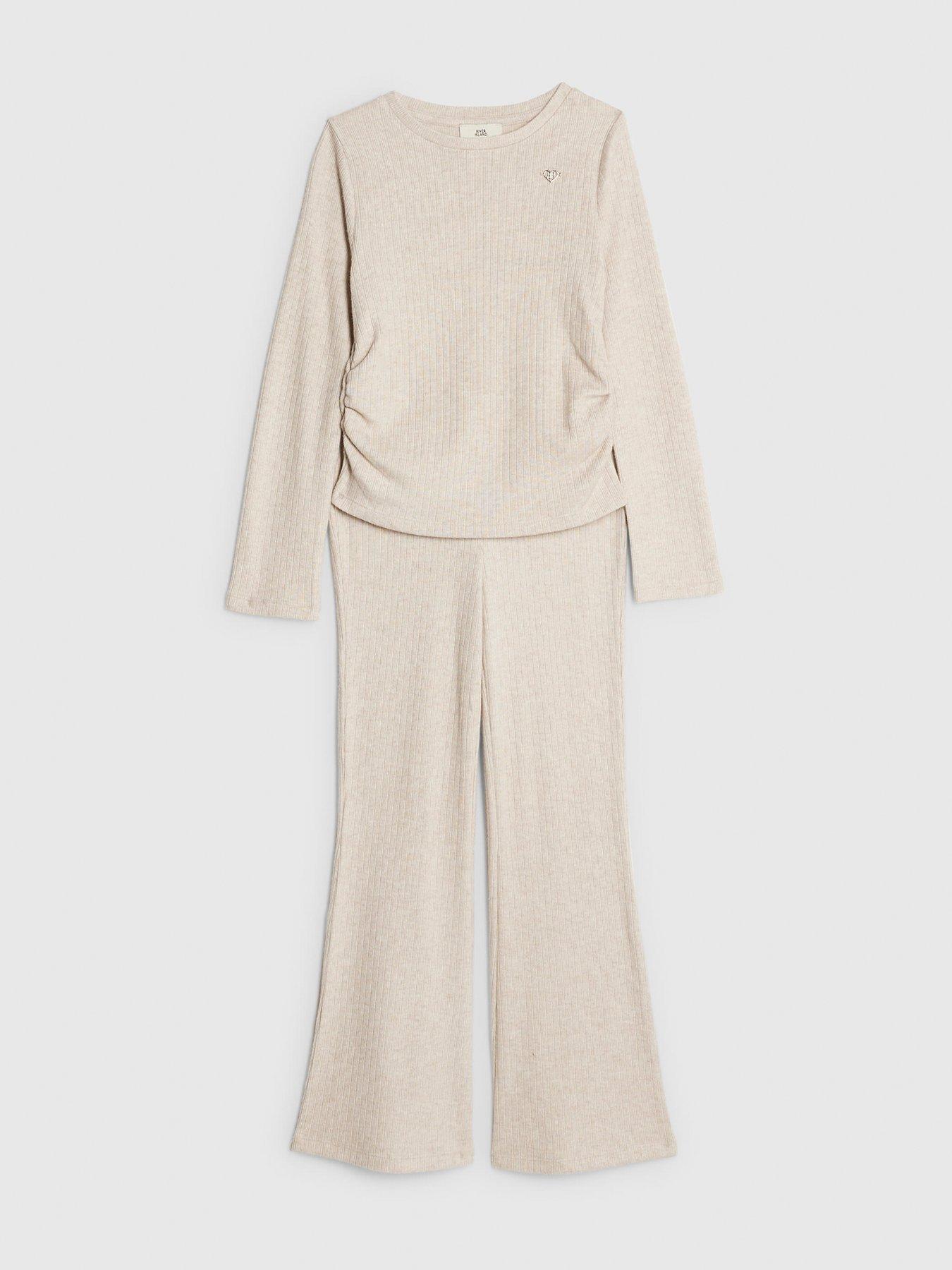 Image 3 of 5 of River Island Older Girls Ruched Long Sleeve Top Set - Beige