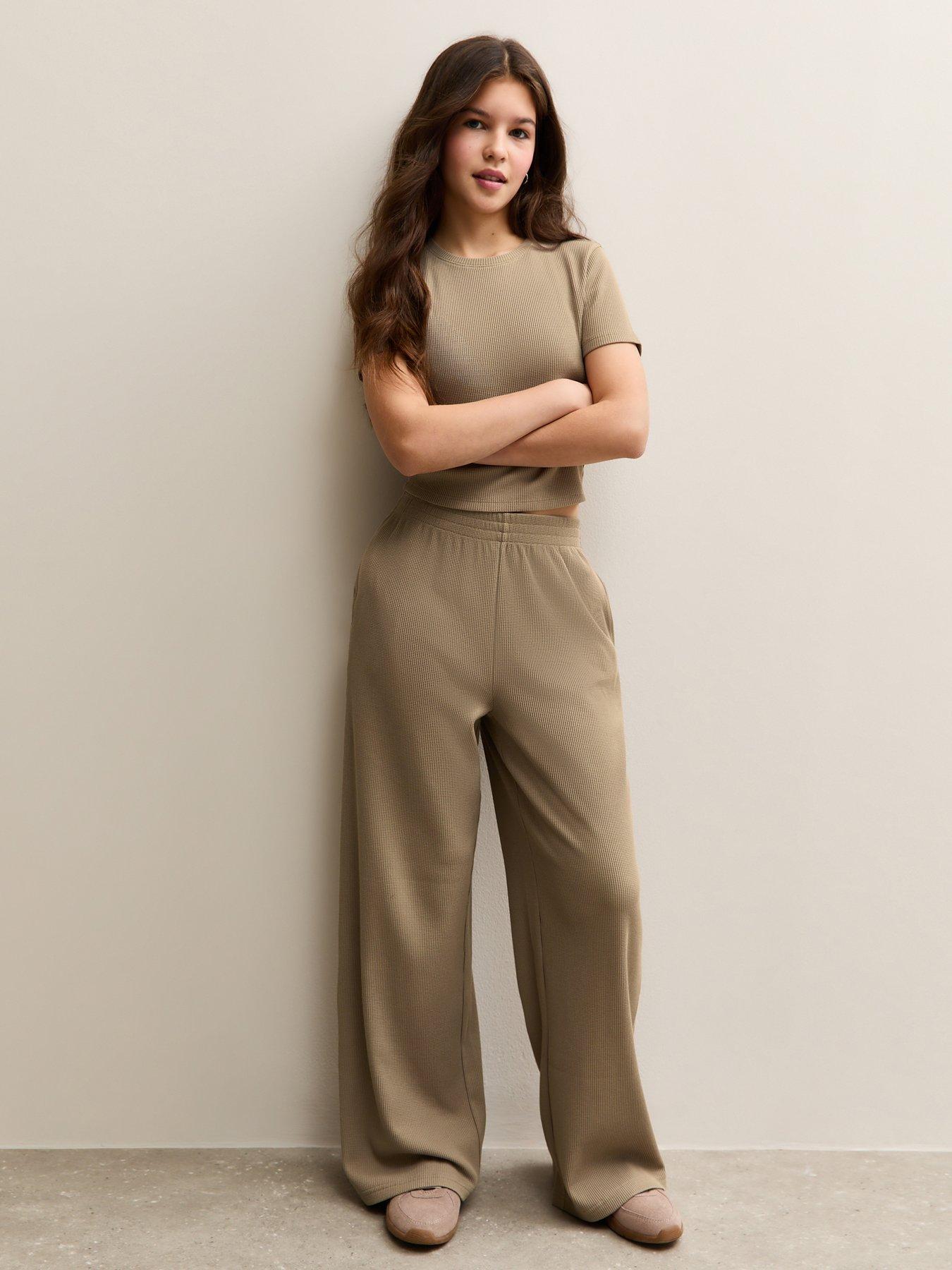 Image 1 of 6 of New Look 915 Girls Camel Waffle Wide Leg Co-ord Trousers - Light Brown
