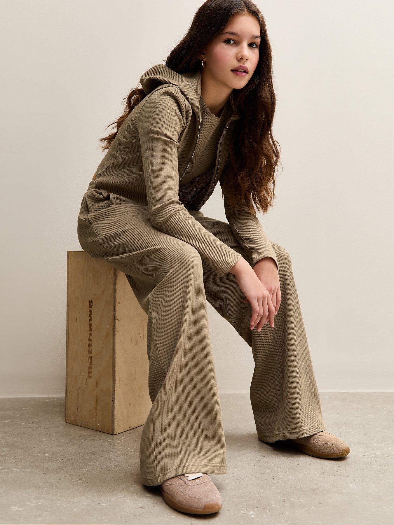Image 4 of 6 of New Look 915 Girls Camel Waffle Wide Leg Co-ord Trousers - Light Brown