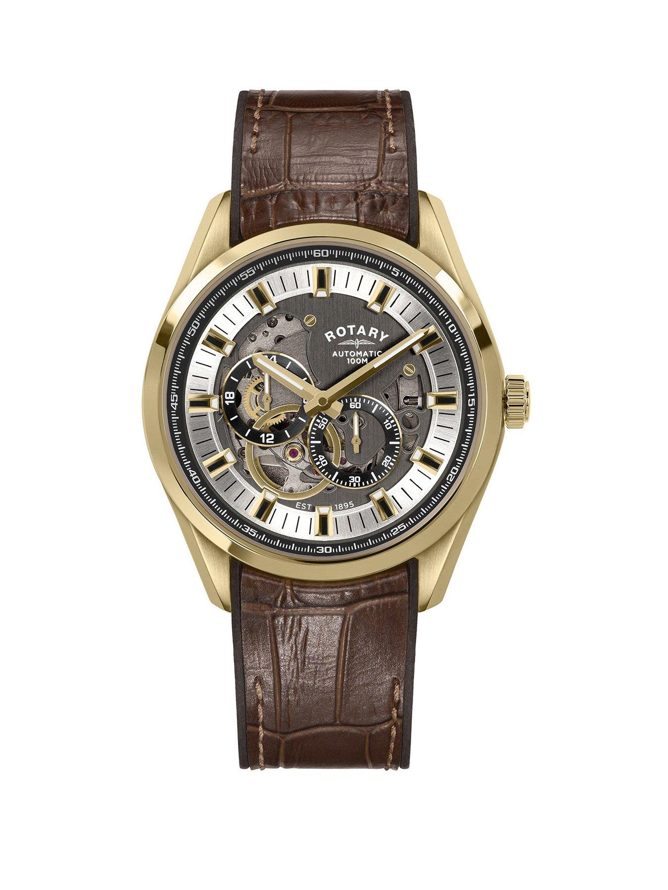 Rotary Men's Seamatic Eclipse 100M Water Resistance Gold Plated Stainless Steel Brown Leather Strap Watch