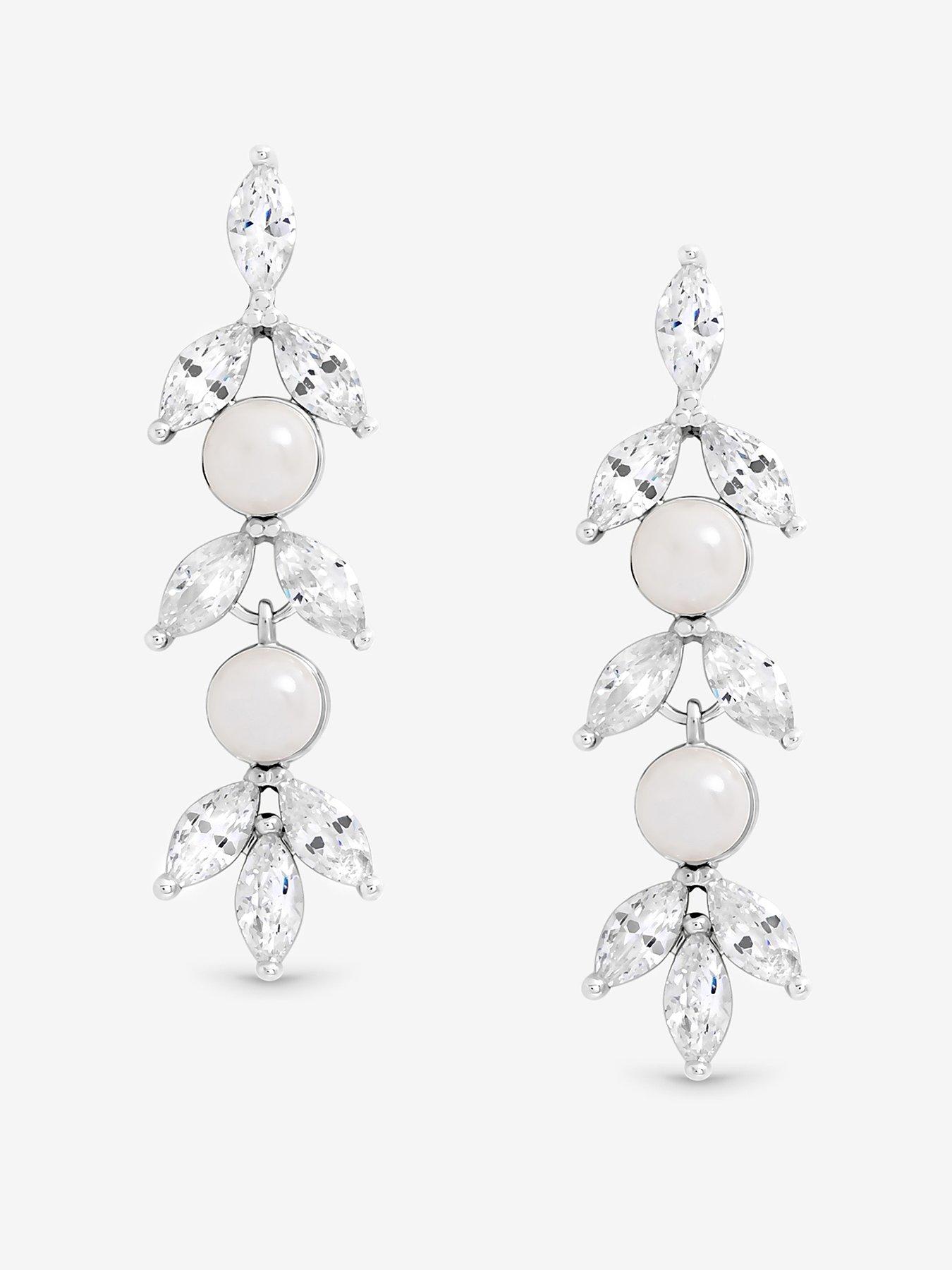 undefined Rhodium Plated Pearl and Crystal Leaf Drop Earrings