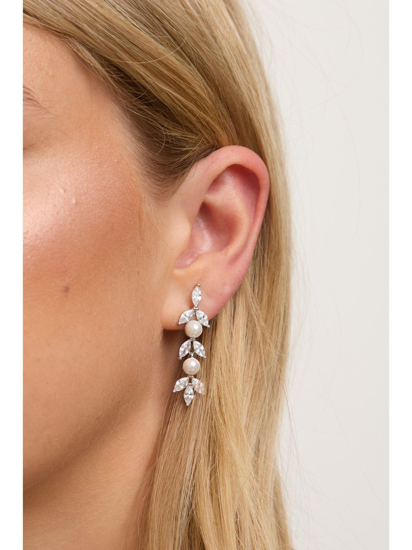 Image 3 of 4 of Jon Richard Rhodium Plated Pearl and Crystal Leaf Drop Earrings