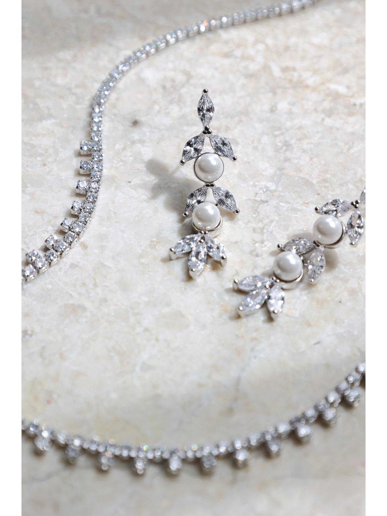 Image 4 of 4 of Jon Richard Rhodium Plated Pearl and Crystal Leaf Drop Earrings