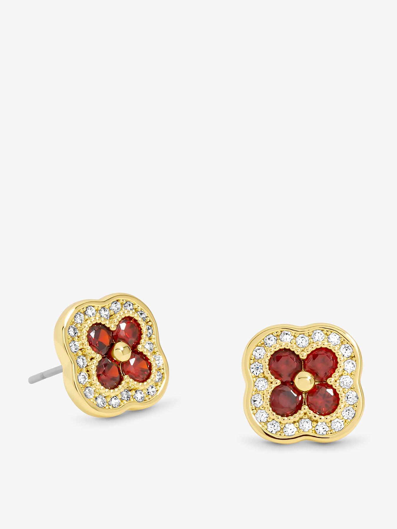 undefined 14K Gold Plated Crystal and Ruby Clover Studs