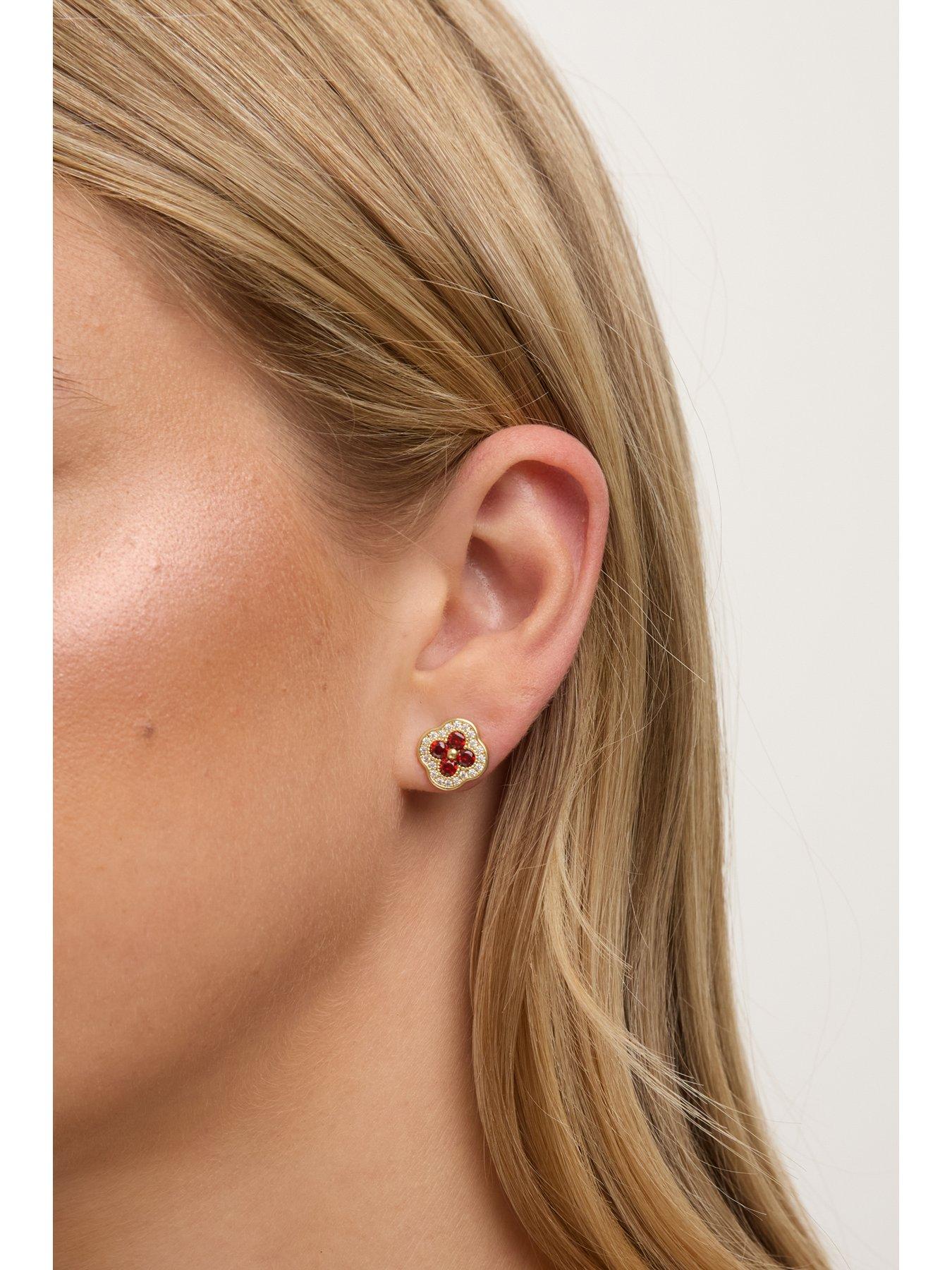 Image 2 of 4 of Jon Richard 14K Gold Plated Crystal and Ruby Clover Studs