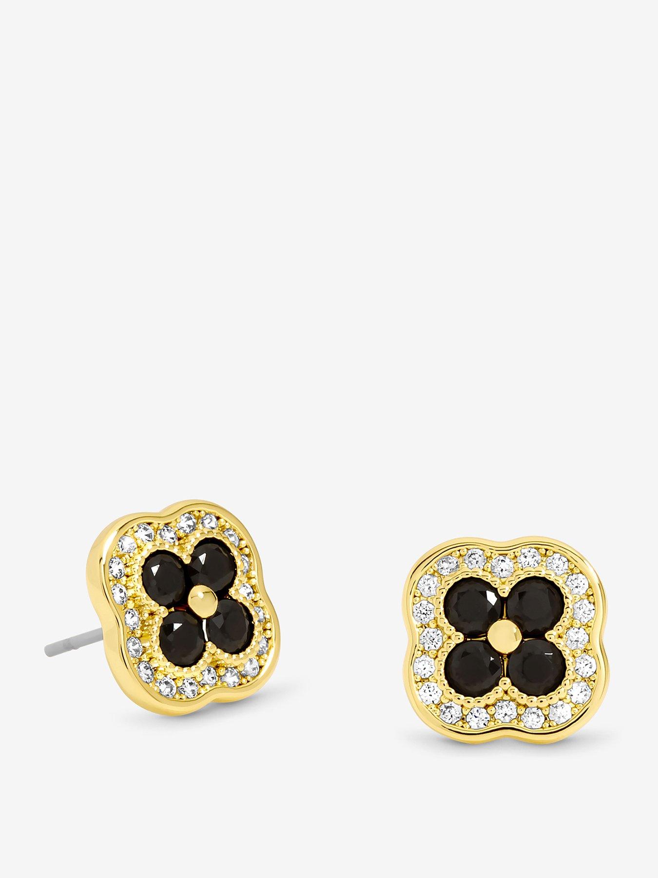 undefined 14K Gold Plated Crystal and Jet Clover Studs