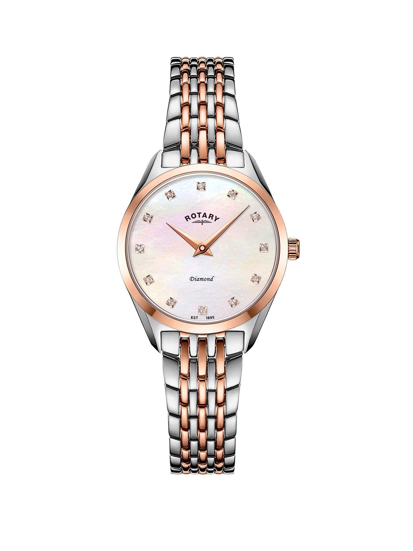 Rotary Rotary Ladie's Ultra Slim Stone Set Pink Mother Of Pearl Silver & Rose Gold Plated Stainless Steel Bracelet Watch