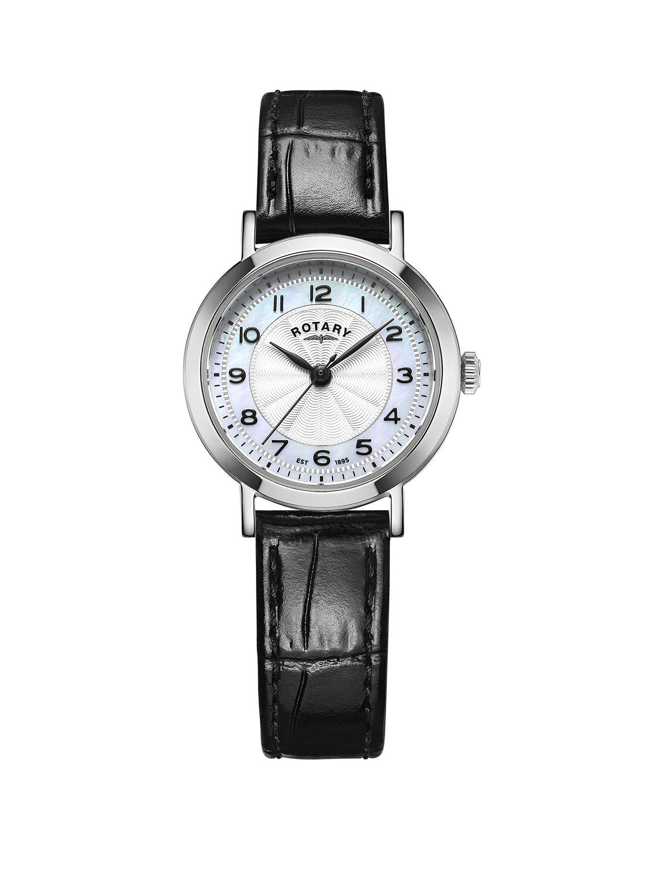 Rotary Ladies Heritage Mother Of Pearl Full Number Dial Stainless Steel Black Leather Strap Watch