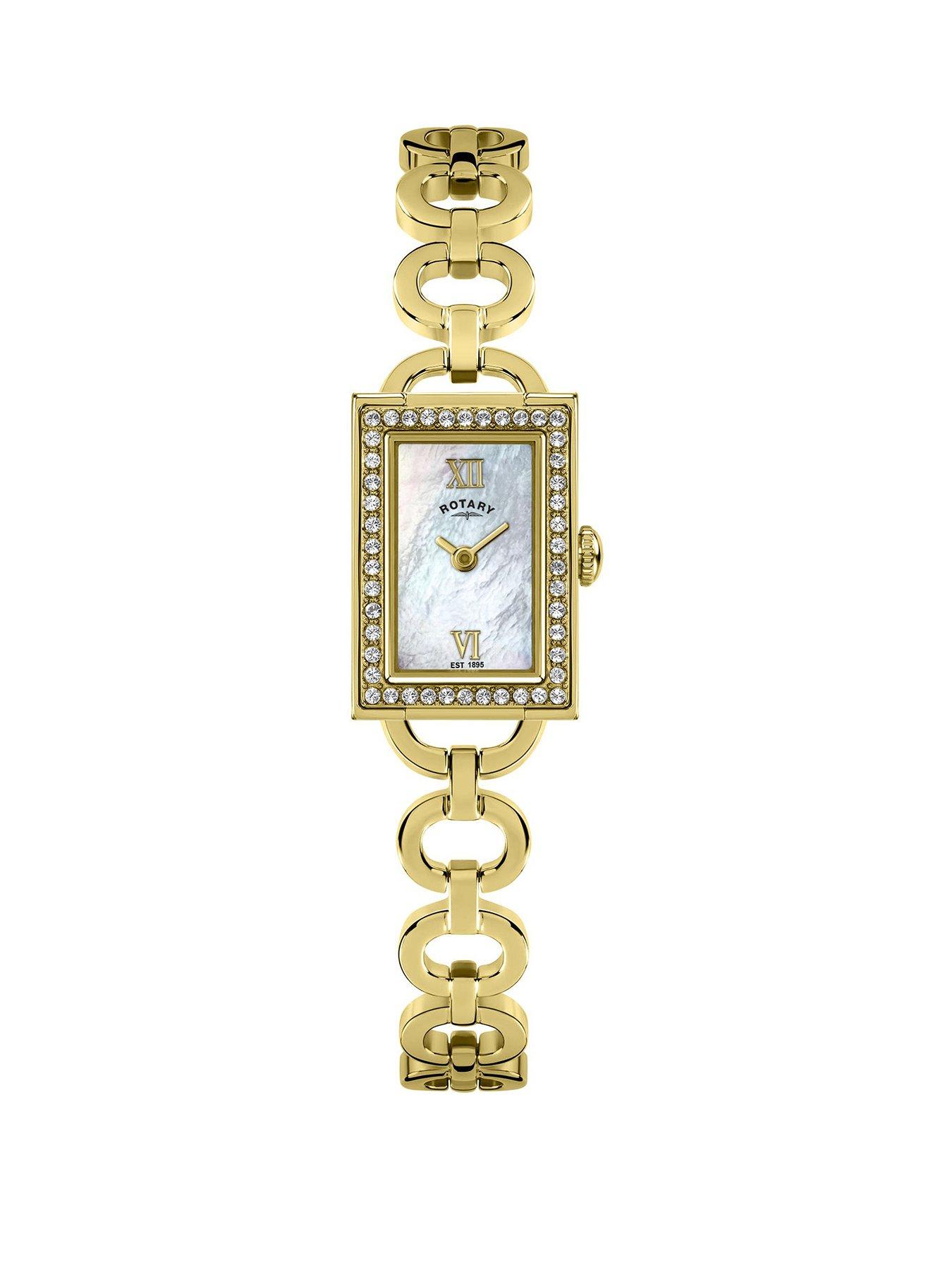 Rotary Ladies Cocktail Stone Set Rectangular Stone Set Gold Plated Stainless Steel Bracelet Watch