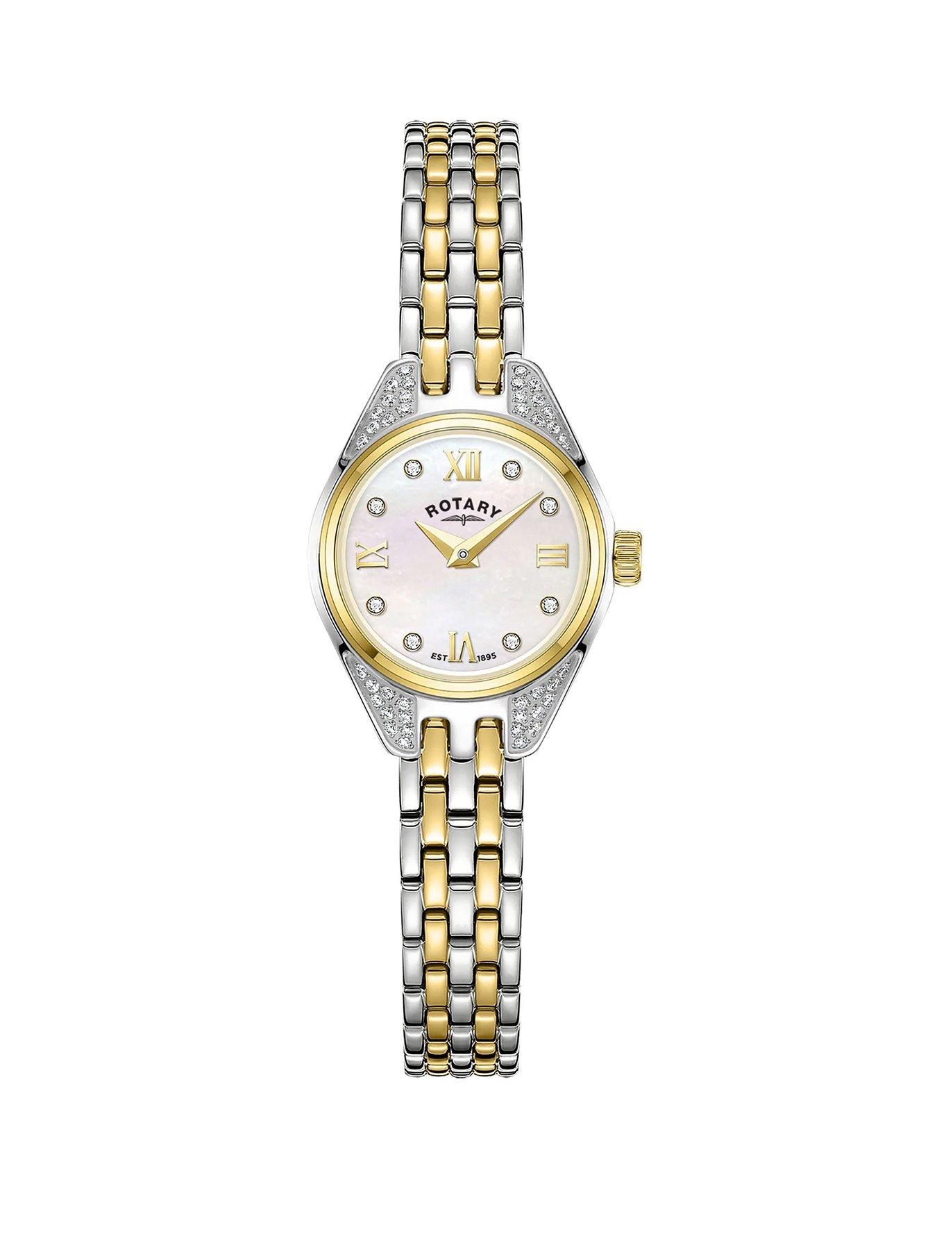 Rotary Rotary Ladies Cocktail Mother Of Pearl Stone Set Dial Silver & Gold Plated Stainless Steel Bracelet Watch