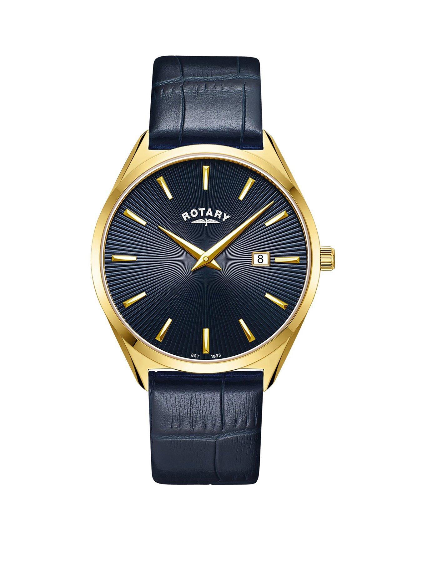 Rotary Men's Ultra SlimGold Plated Stainless Steel Blue Leather Strap Watch