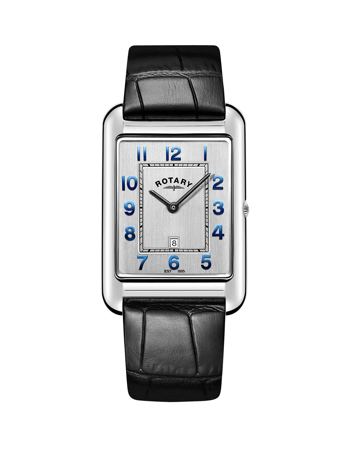 Rotary Men's Heritage Astoria Rectangular Stainless Steel Case Black Leather Strap Watch