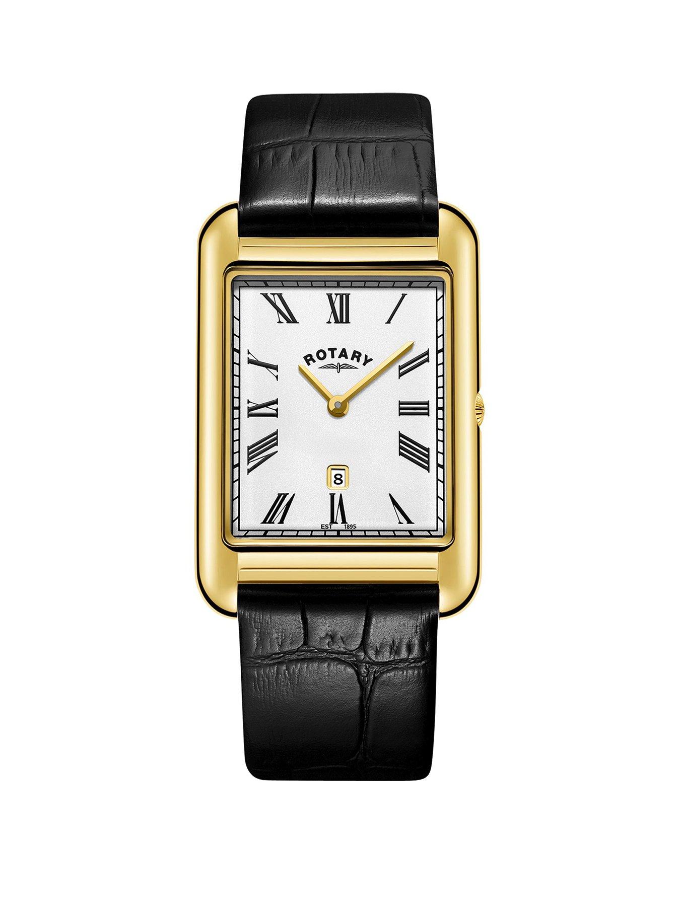 Rotary Men's Heritage Astoria Rectangular Gold Plated Stainless Steel Case Black Leather Strap Watch