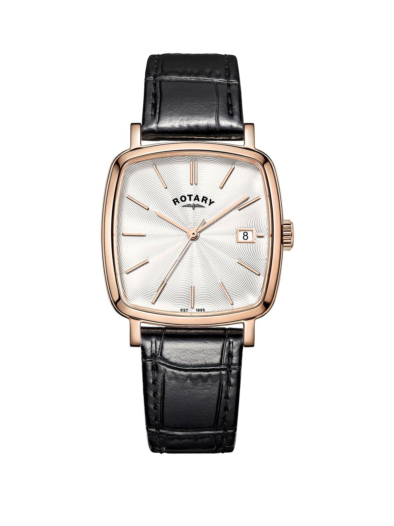 Rotary Rotary Men's Heritage Astoria Square Rose Gold Plated Stainless Steel Case Black Leather Strap Watch