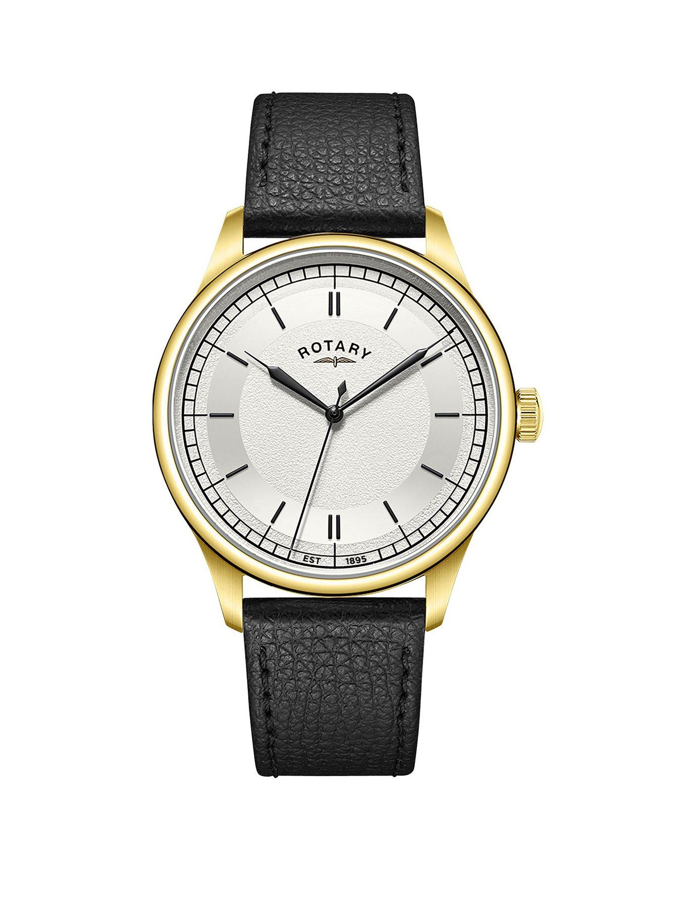  image of rotary-mens-heritage-gold-plated-stainless-steel-black-leather-strap-watch