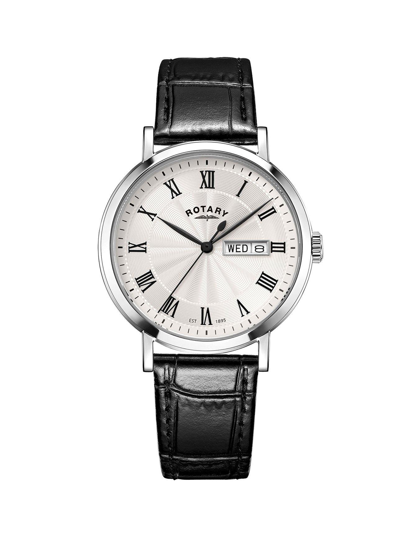 Rotary Rotary Men's Heritage Roman Numeral Stainless Steel Black Leather Strap Watch