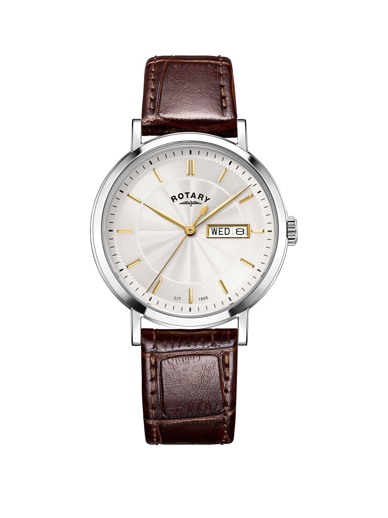  image of rotary-mens-heritage-stainless-steel-brown-leather-strap-watch