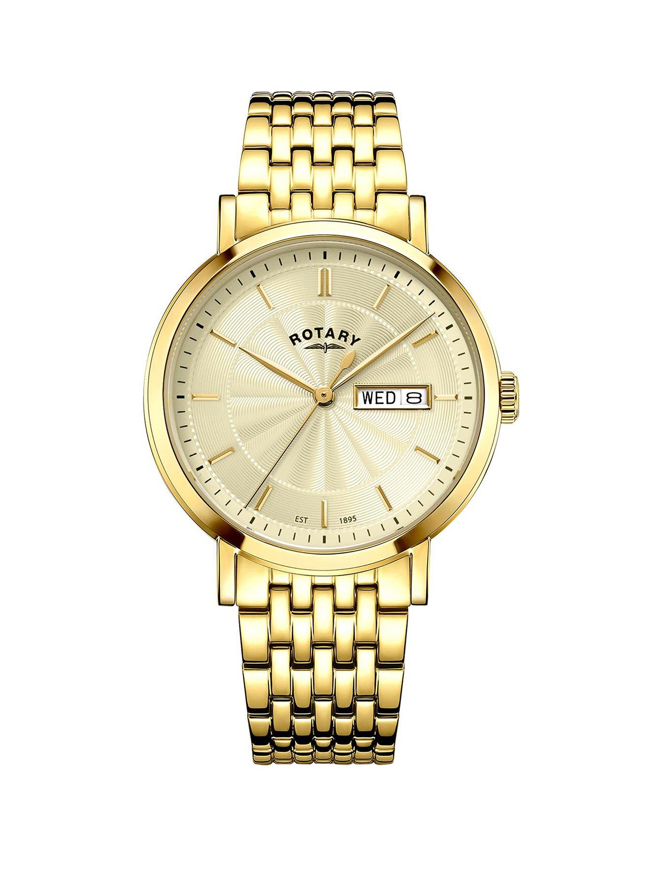 Rotary Men's Heritage Champagne Guilloche Dial Gold Plated Stainless Steel Bracelet Watch