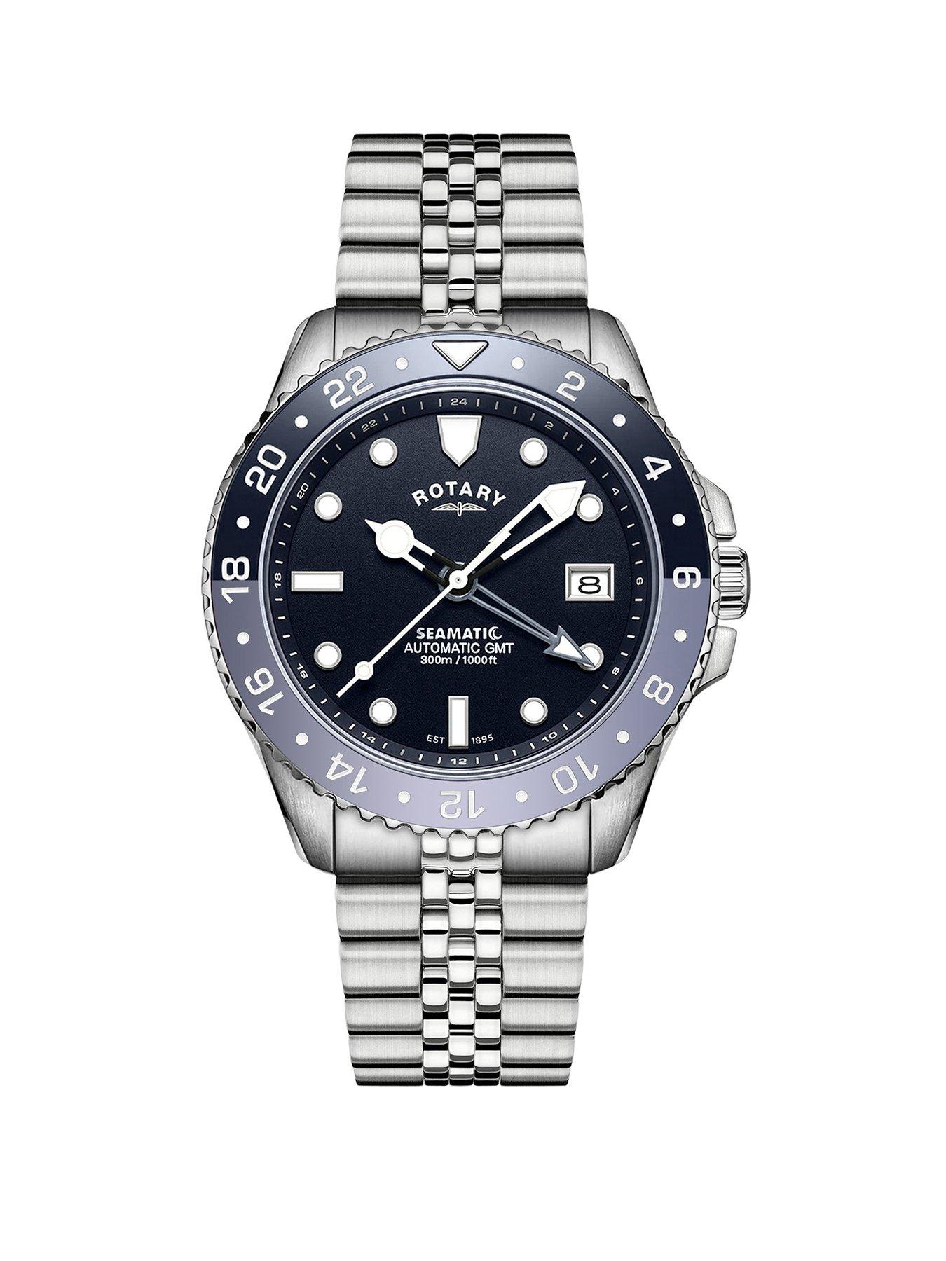Rotary Rotary Men's Seamatic GMT 300M Water Resistance Blue Dial Stainless Steel Bracelet Watch